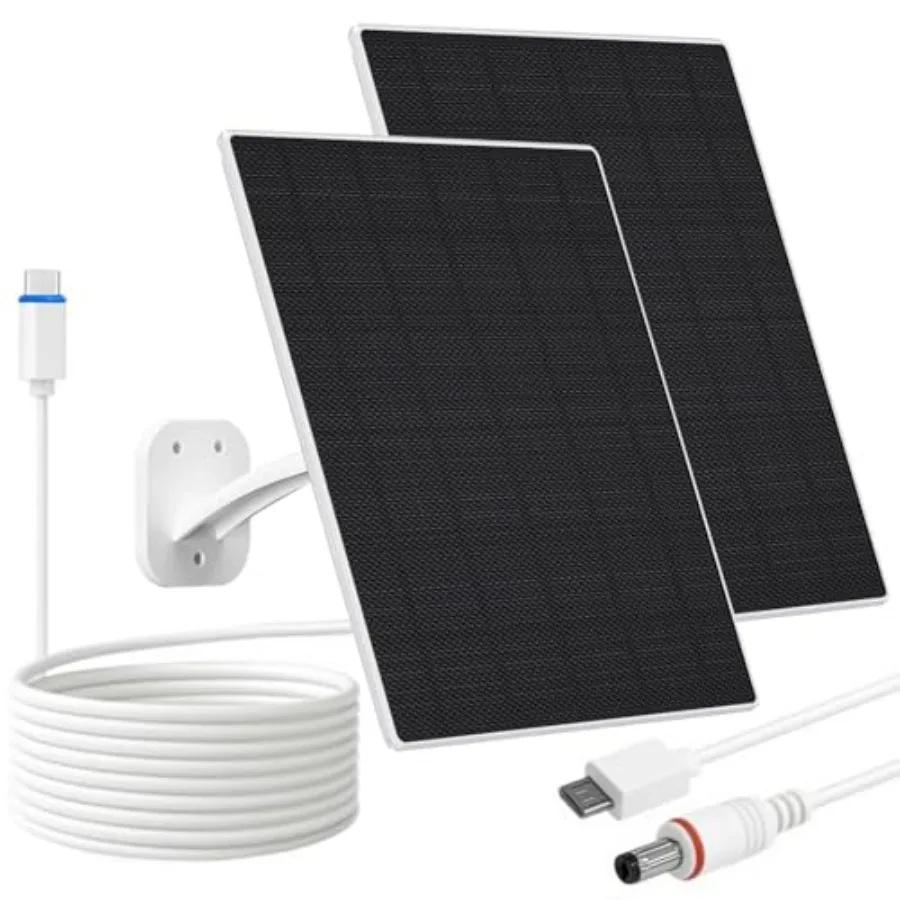 

Solar Panel for Security Camera, 10W Solar Charger with DC 5.5x2.1mm, USB-C and Micro USB Port, IP66 Waterproof, 360° Adjustabl