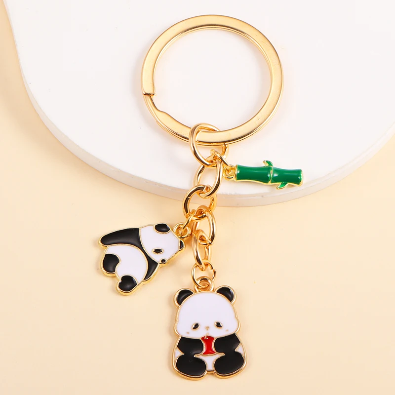 Cute Enamel Panda Bamboo Keychain Kawaii Animal Keyrings For Women Men Bags Wallet Car Key Pendants Accessories Party Gifts