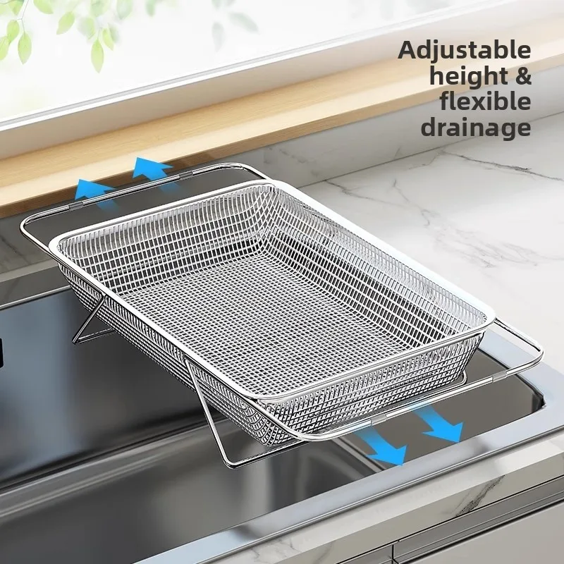 Expandable Stainless Steel Dish Drying Rack, Over Sink Colander Basket, Retractable Kitchen Sink Drain Basket for Vegetables