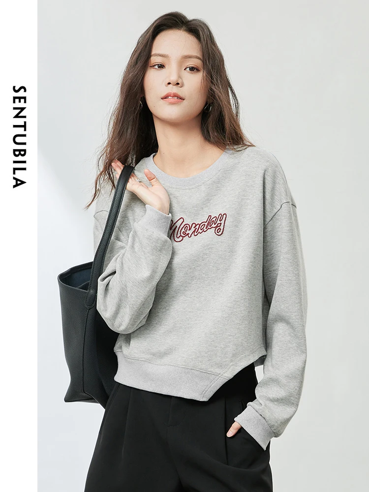 SENTUBILA Embroidery Cotton Blend Sweatshirts Women 2024 Spring Autumn Loose Drop Sleeve Pullover Womens Tops Clothing 141A53460