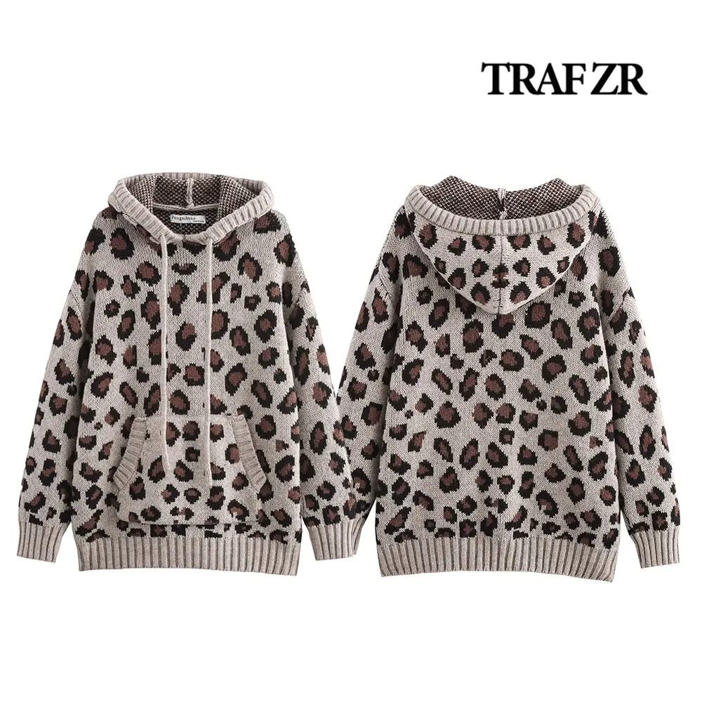 TRAF ZR Y2k Harajuku Women's Top Animal Jacquard Knit Sweatshirt Long Sleeve Hoodie with Drawstring Adjustable Hood&Ribbed Trims