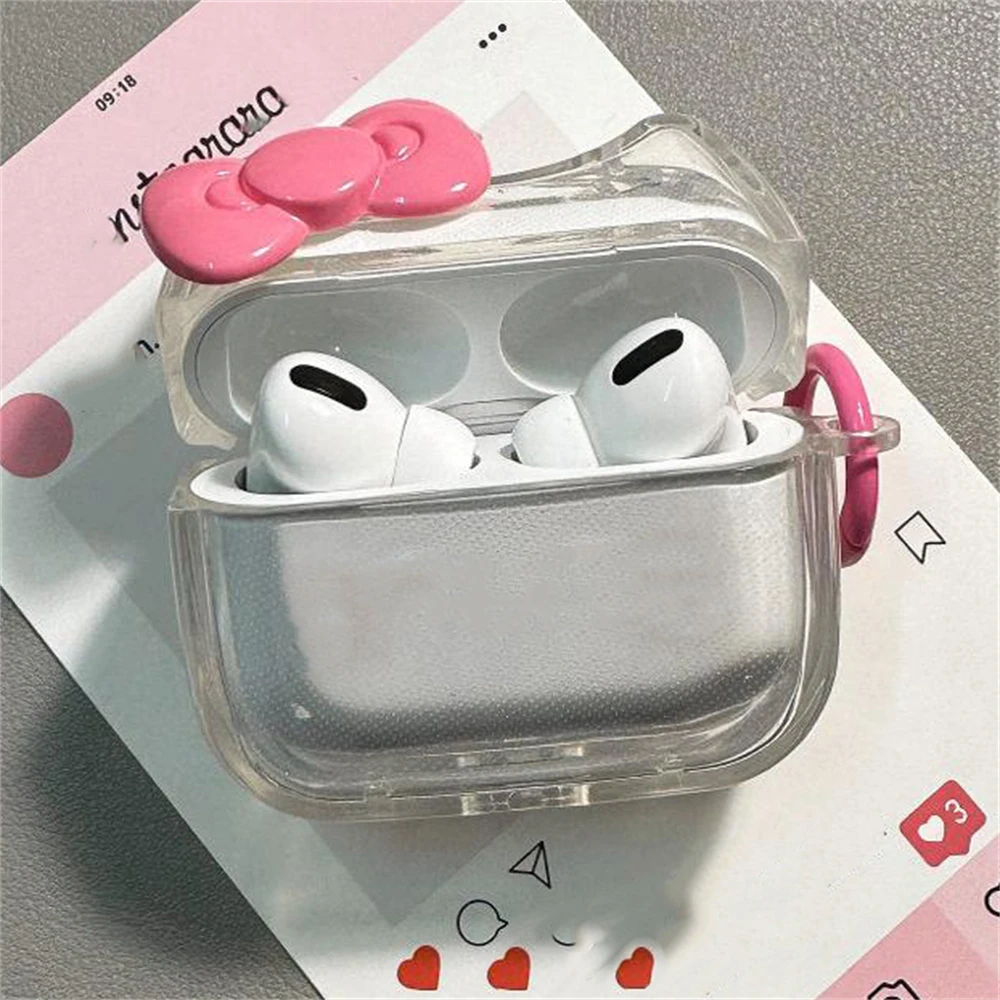 Kawaii Cute Pink Bowknot Ear Clear cuffie custodia per AirPods 1 2 3 con portachiavi custodia protettiva Soft Cover per AirPods Pro 2