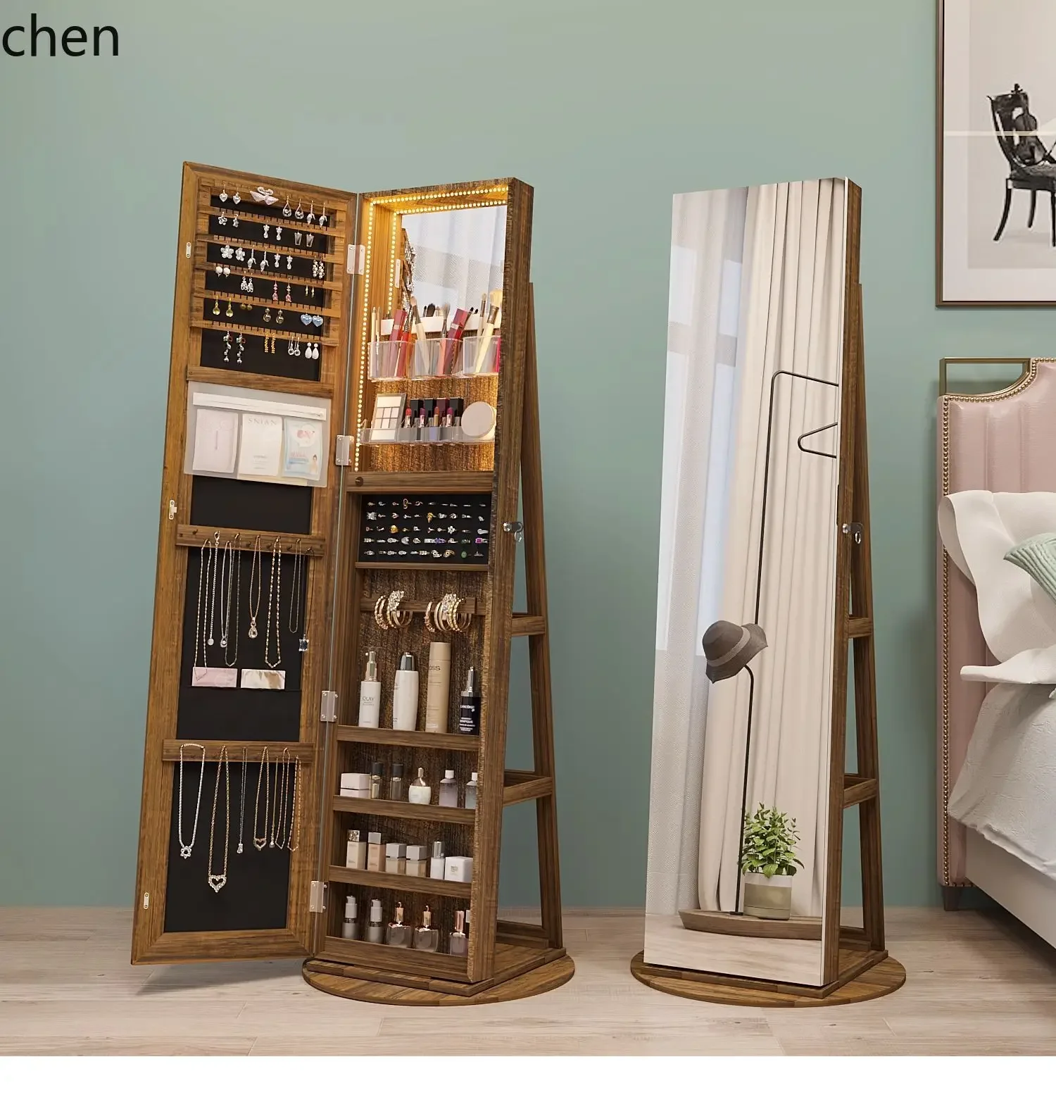 YFY  full body mirror floor mirror 360 degree rotating storage locker full-length mirror