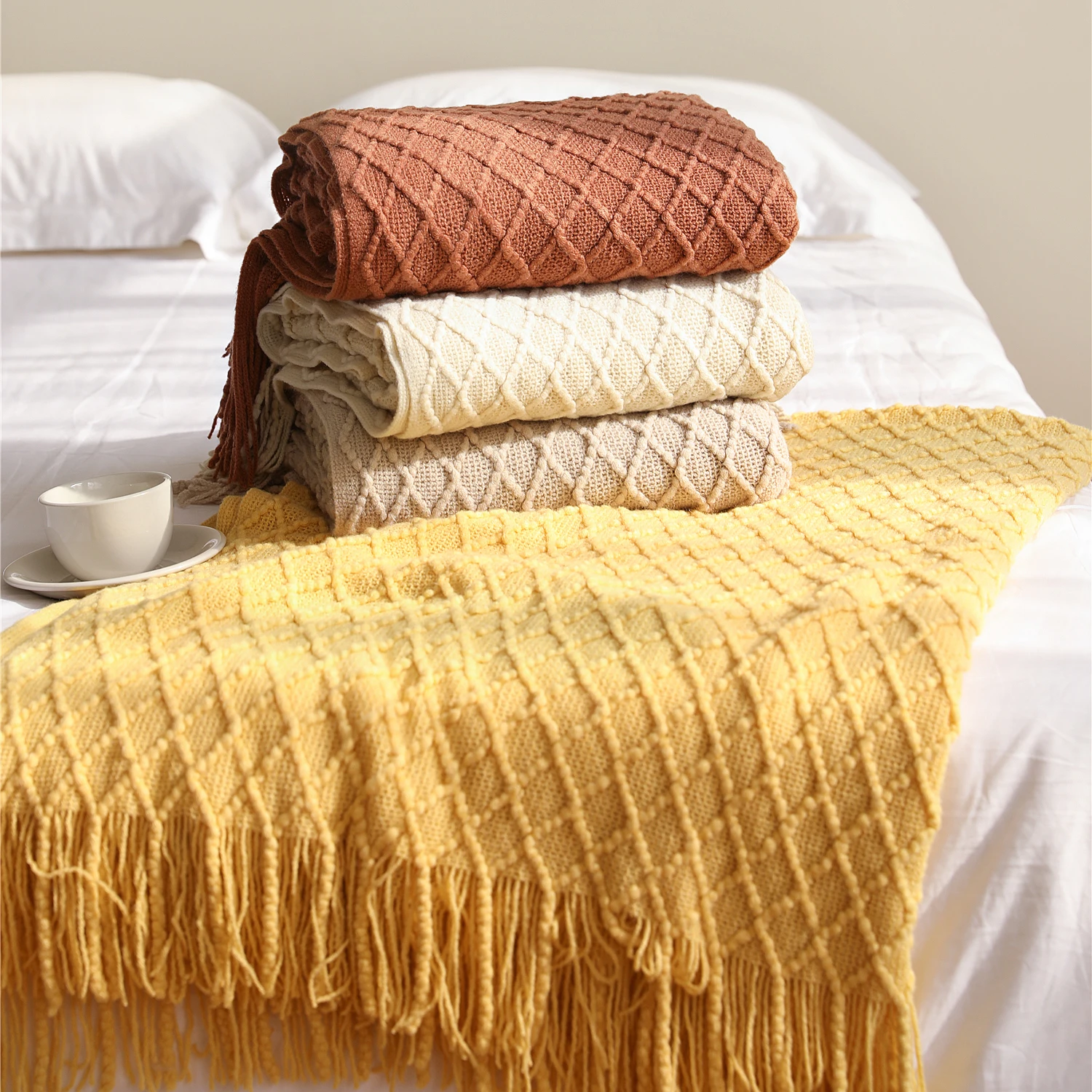 

Battilo Beige Knitted Throw Blanket Soft Knit Throws For Bed Plaid Bedspread On The Bed Decorative Sofa Blanket LivingRoom Decor