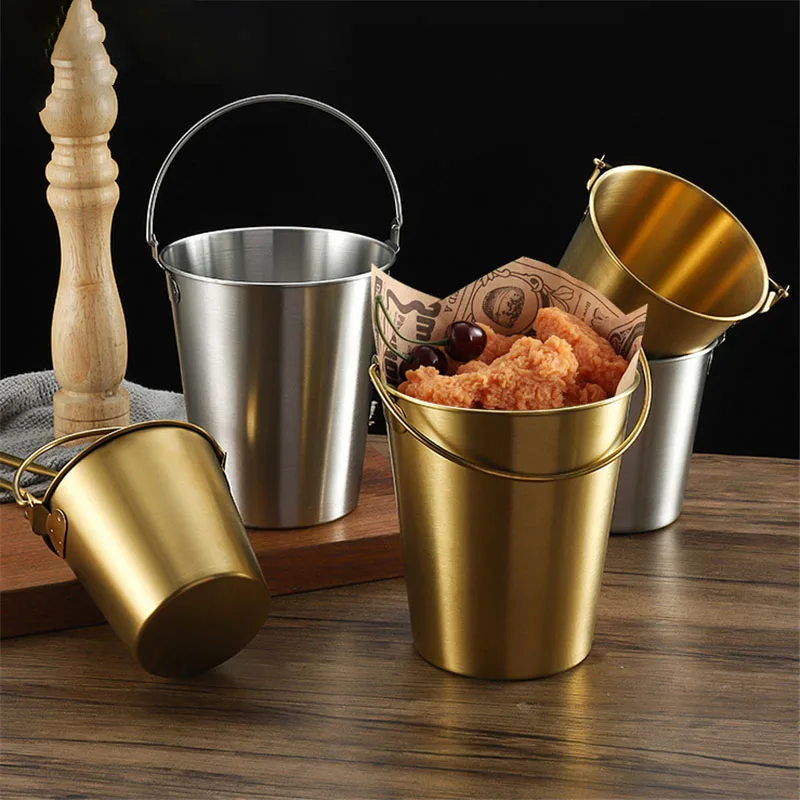 

Large 304 Stainless Steel French Fries Bucket with Handle Restaurant Snack Container Bar Ice Bottle Useful Kitchenware