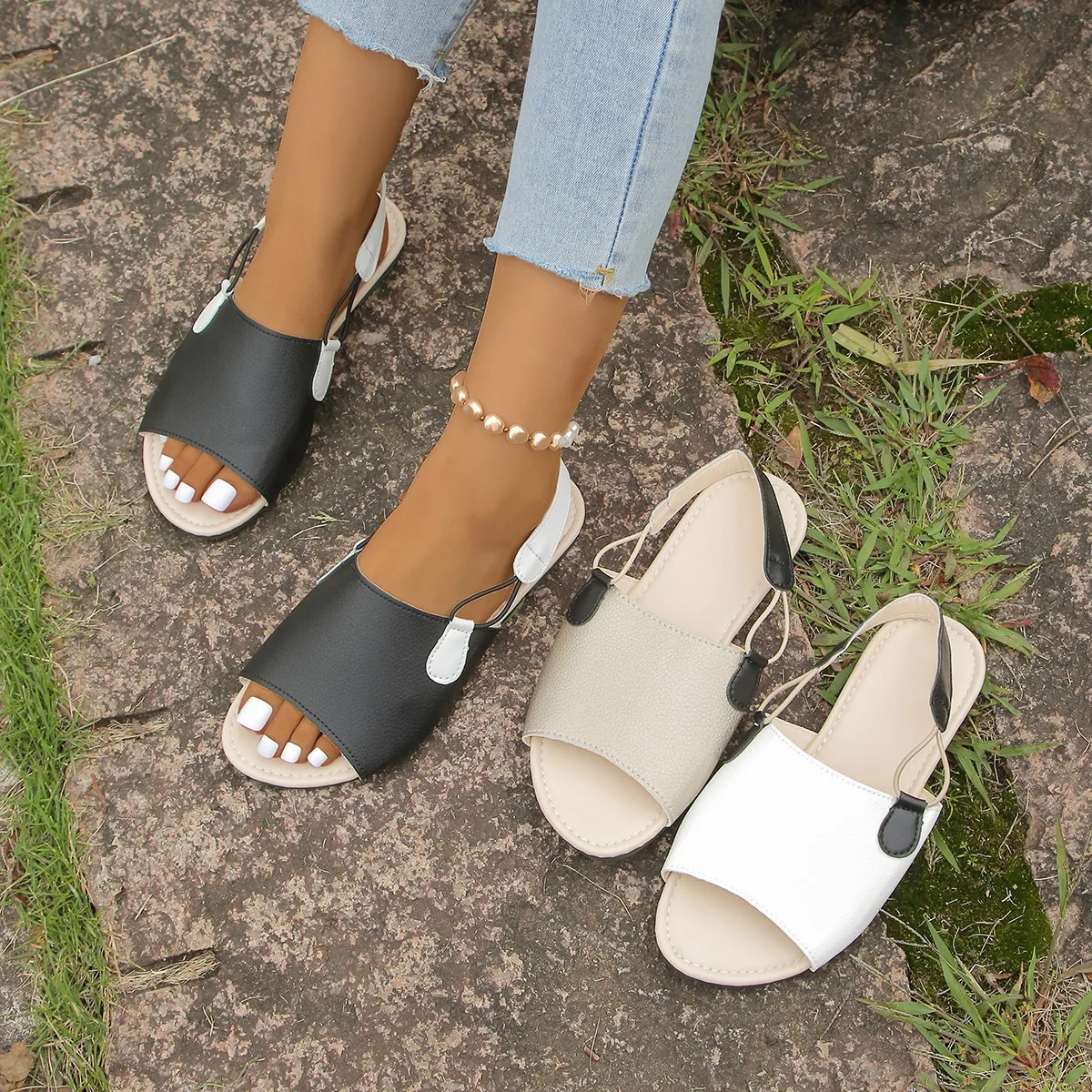 

2025 women's shoes open toe women's sandals fashion matching color casual sandals women's summer large flat sandals