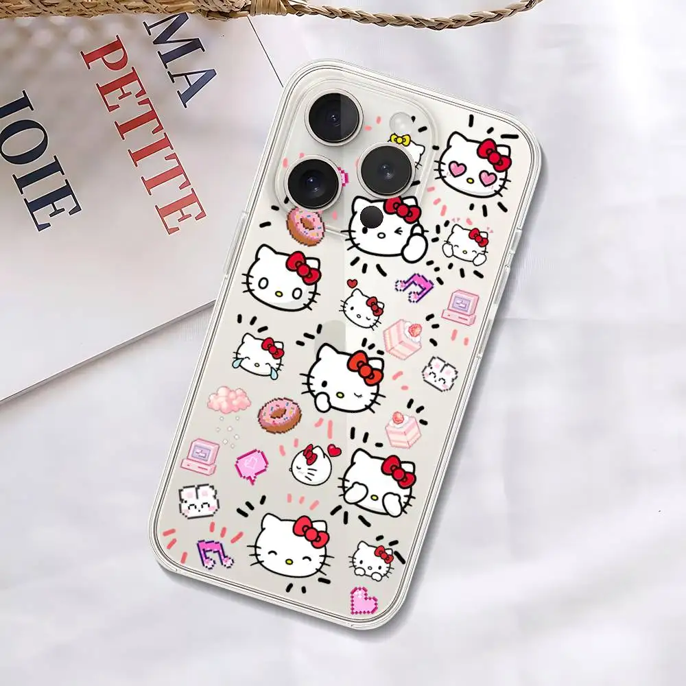 حافظة هاتف H-Hello Kittys لهاتف آيفون 17 16 15 14 Plus 13 12 11 Pro Max غطاء خلفي شفاف مضاد للصدمات