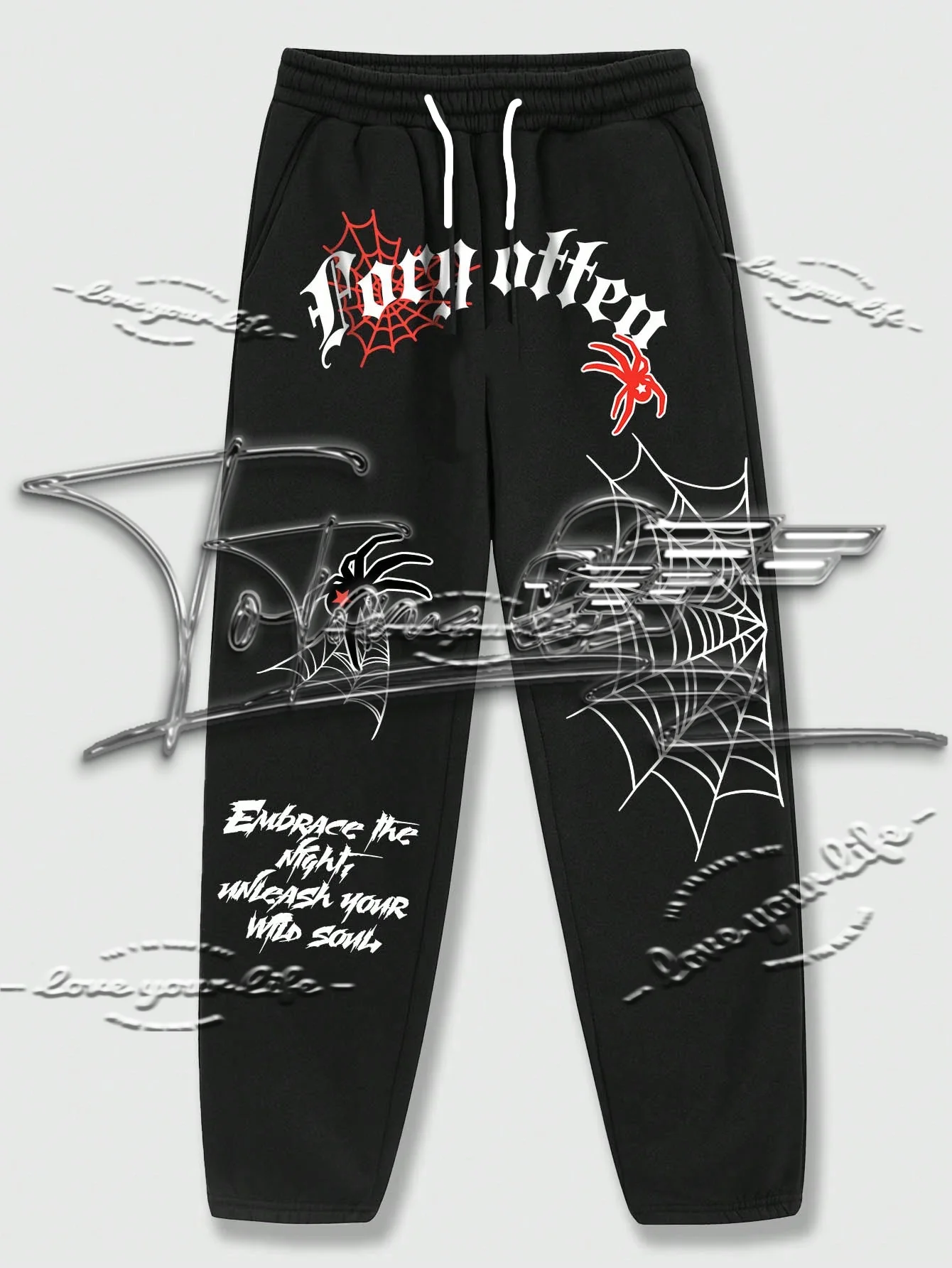 

2025 Fashionable Sports Casual Pants: Gothic Style Men's Slogan and Spiderweb Print Drawstring Waist Sports Pants