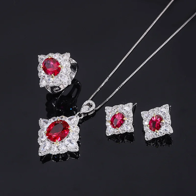 genuine Luxury brand real jewels Tiktok live S925 integrated body silver jewelry set simulation red treasure ring child Earrings