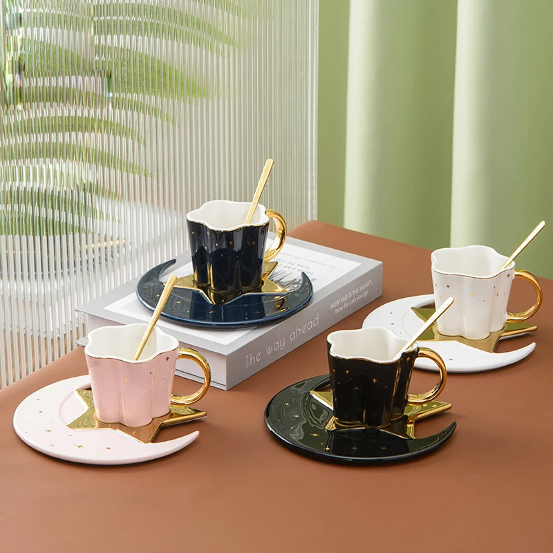 

Creative Ceramic Star Moon Coffee Cup And Saucer With Spoon Golden Handle Breakfast Milk Mug Afternoon Tea Juice Water Drink Cup