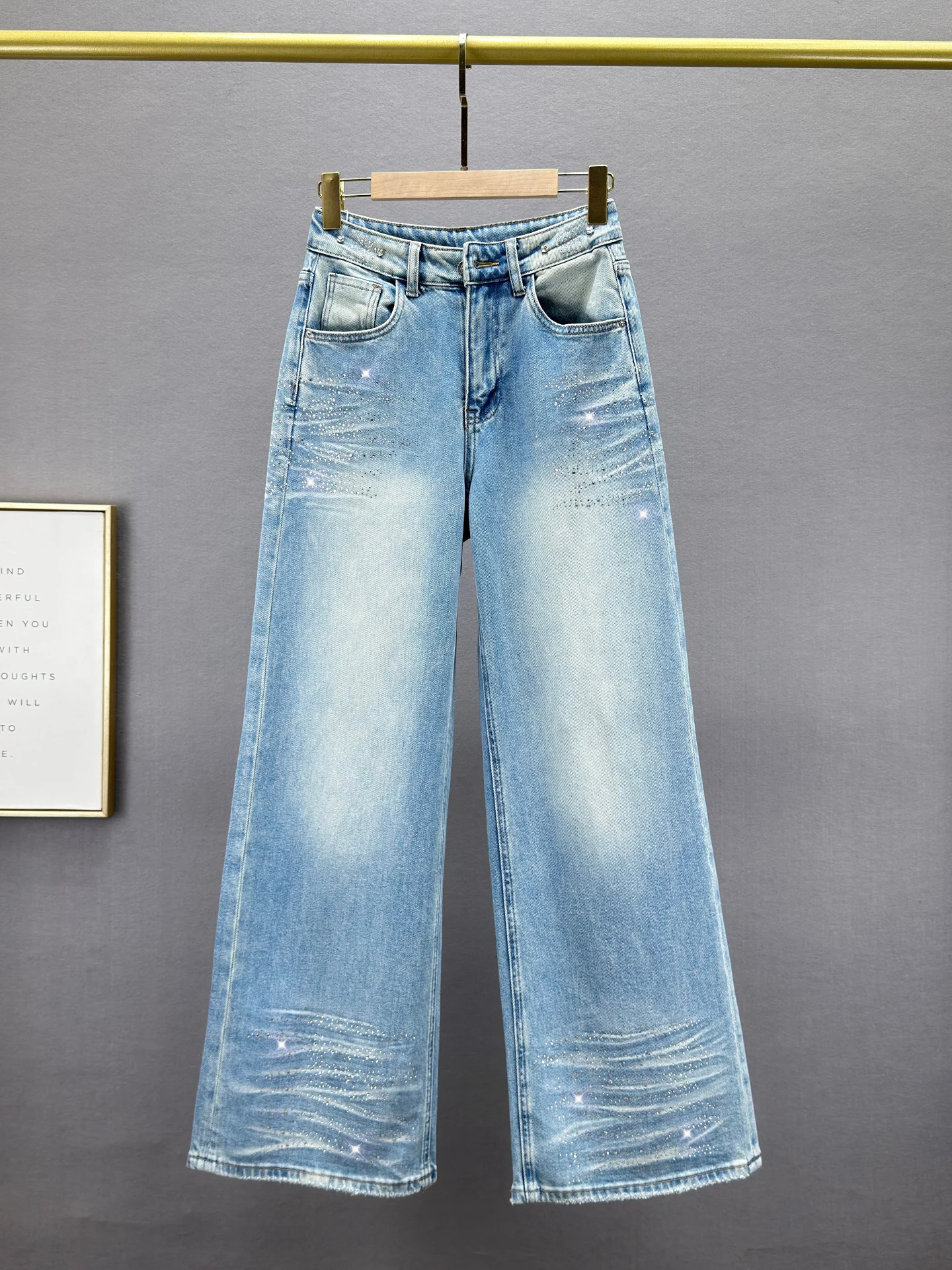 

Женские джинсы с высокой талией и широкими штанинами, свободного кроя, с блестками, новинка весны, европейский стиль, из хлопкового стрейч-денима, синие