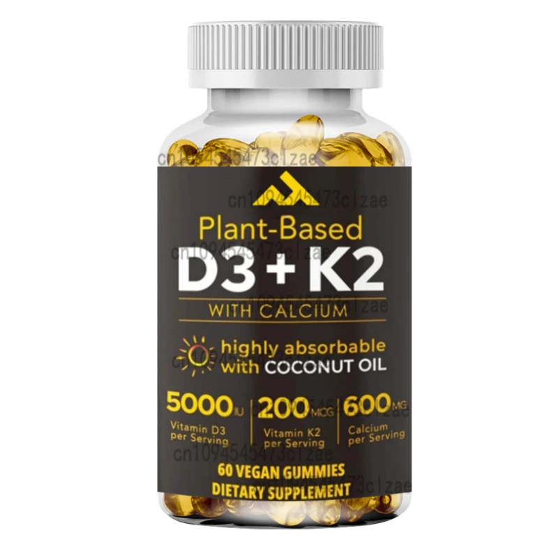 Gomitas de vitamina D3 5000IU que contienen 600 mg de calcio y 200 mcg de K2 (MK7), un suplemento de vitamina D que apoya huesos fuertes