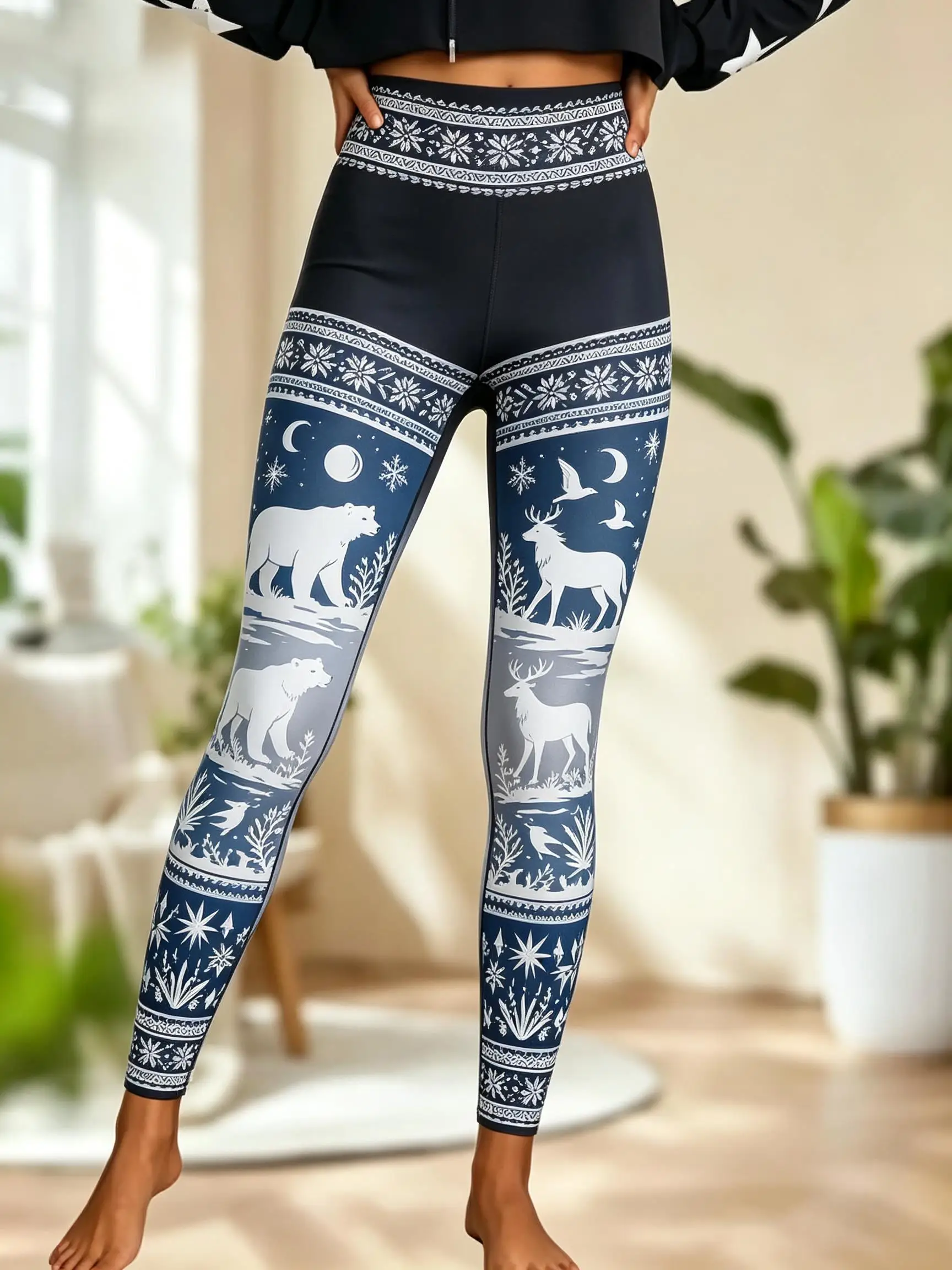 Women Fleece‑lined Mid‑rise Leggings Terracotta African Tribal Sun Camel Eagle Star Geometric Print Slim Stretch  Casual Pants