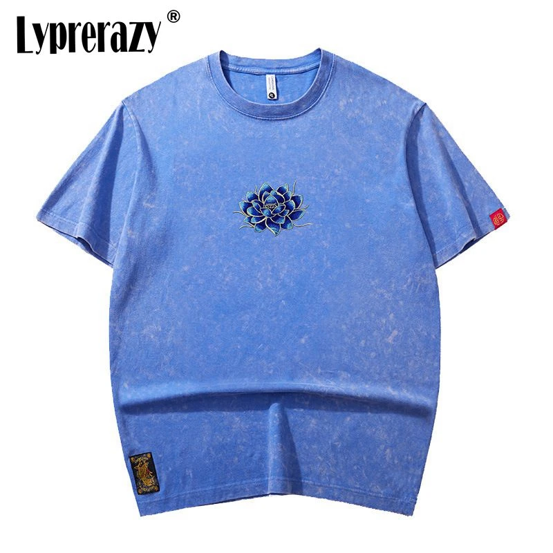 

Lyprerazy Chinese style Blue Lotus Embroidery Short-sleeved T-shirt Summer New National Tide Loose Men's Tee Shirt
