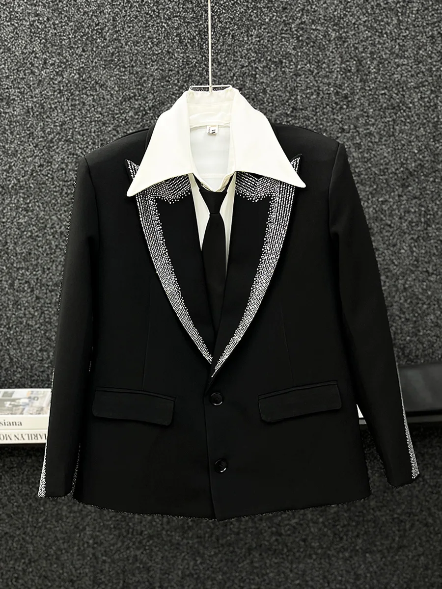 2024 Fashion Men's Suit Jacket High-end Hot Diamond Long Sleeve Black Chic Blazers Men's Trendy Handsome Loose Suit Jacket Tops