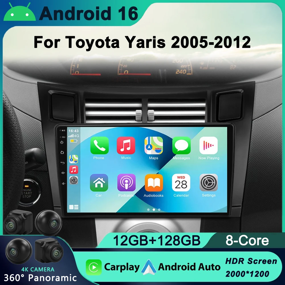 

12G+1Q28G 2 Din Carplay Car Multimedia Player for Toyota Yaris 2007 Radio Fascia Car Radio 2005 - 2012 Android GPS Navigator