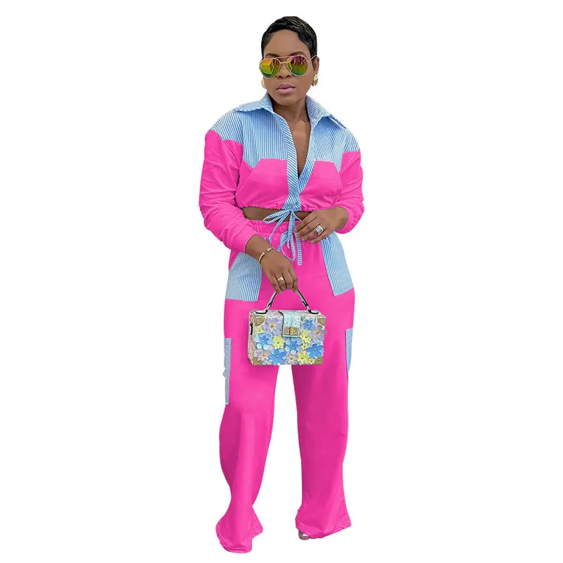 Set Celana Wanita Dua Potong Set Kemeja Cocok Kerah Lipat Bergaris Atasan Kemeja Celana Panjang Kaki Lebar Pinggang Tinggi Kasual Longgar