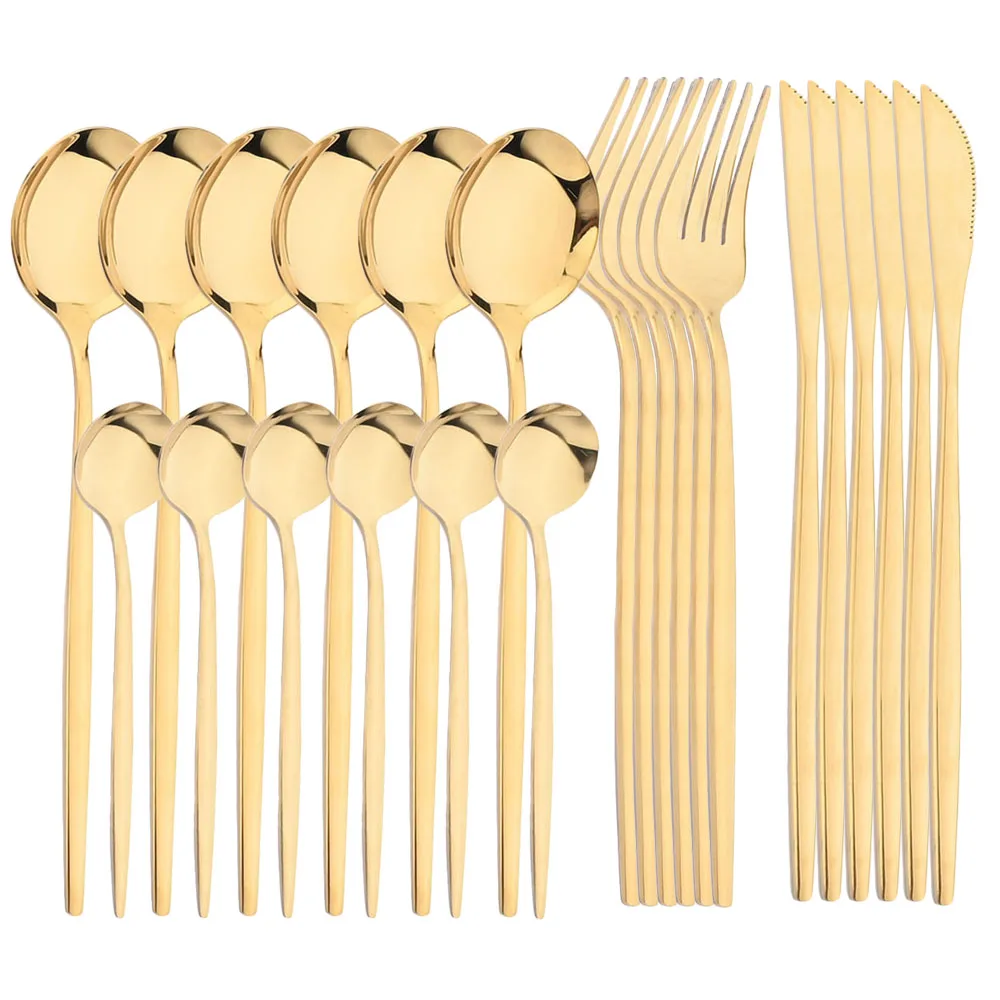 

Hot Gold Tableware Set Stainless Steel Dinnerware Set 24pcs Mirror Fork Knife Coffee Spoon Cutlery Flatware Set Western Kitchen