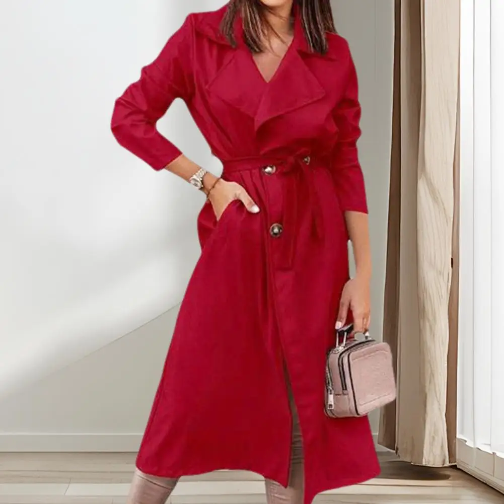 2026 Winter Women Jacket with Lace-Up Belt Long Sleeves Pockets Windbreaker Double-breasted Coat Calf Length Windproof Warm Coat