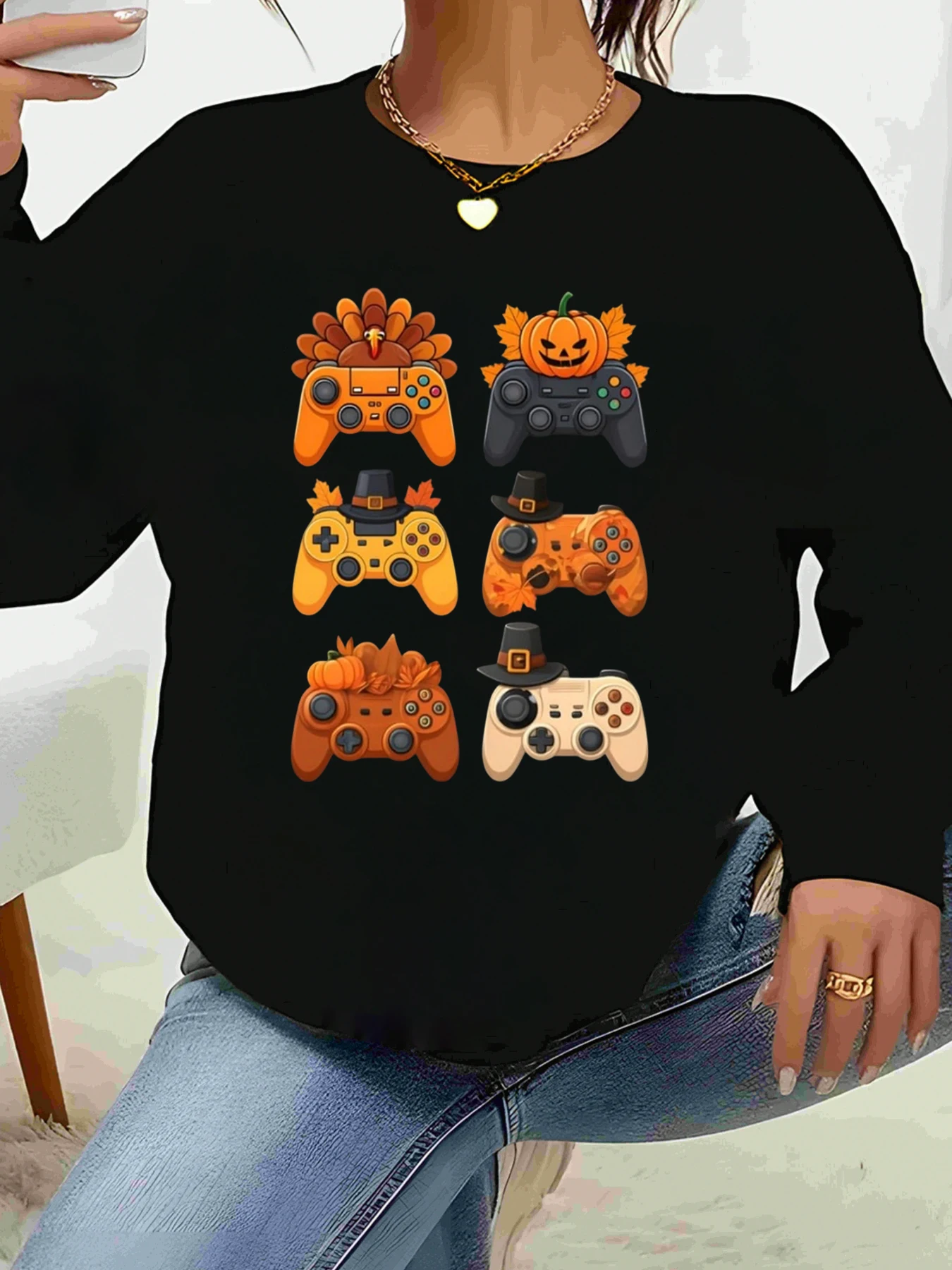 

Thanksgiving Gamer Controller Print Sweatshirt Autumn Holiday Casual Wear Women's Fashion Top