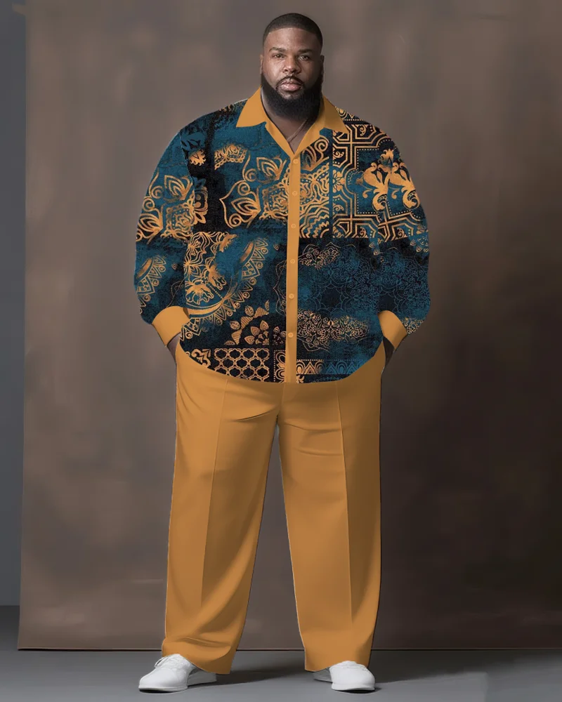 

S-9XL Men's Plus Size Vintage Court Pattern Long Sleeve Shirt Pants 2-Piece Set