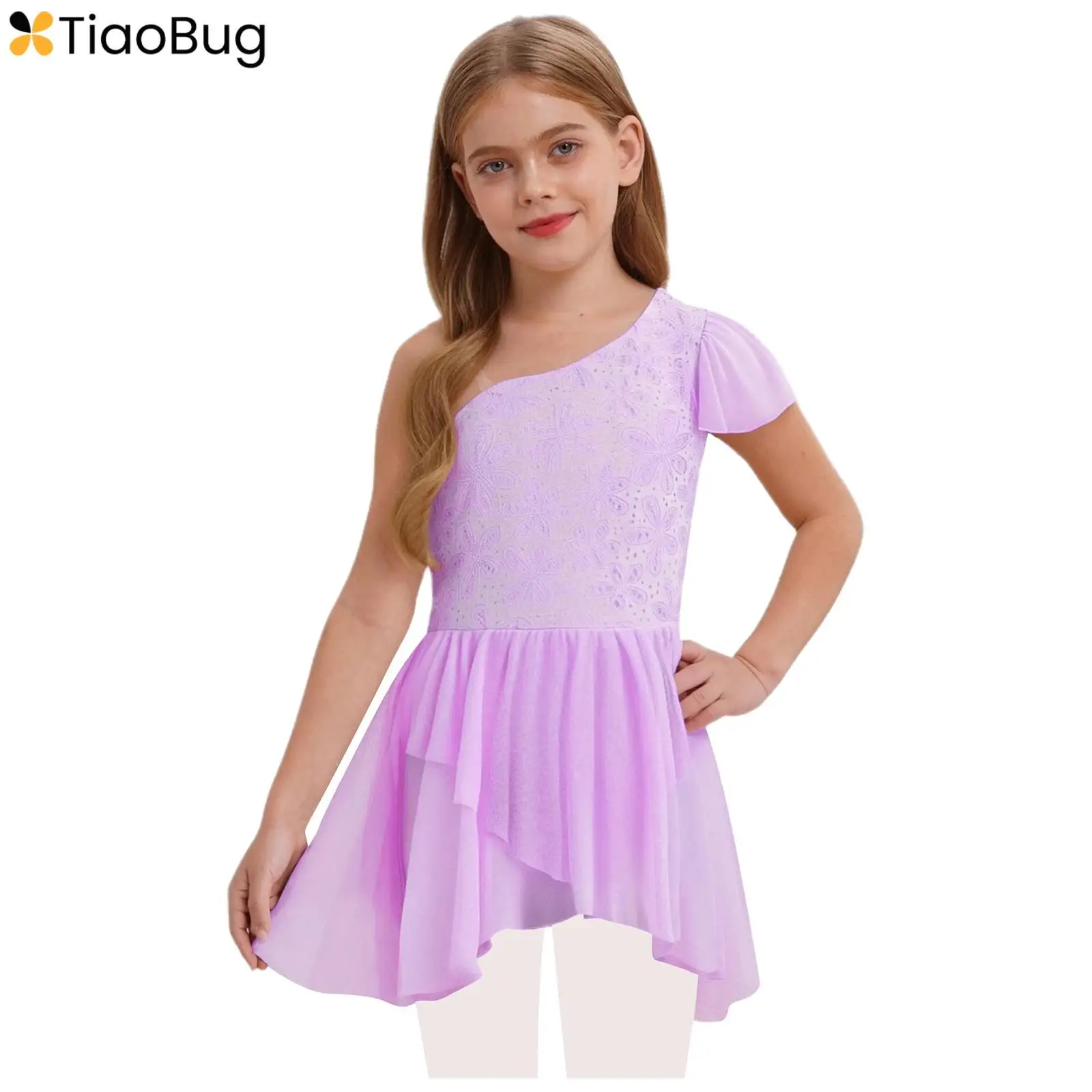 

Kids Girls Lyrical Ballet Dance Dress Spaghetti Straps Floral Lace Leotard Dress for Figure Skating Dancing Performance Costume