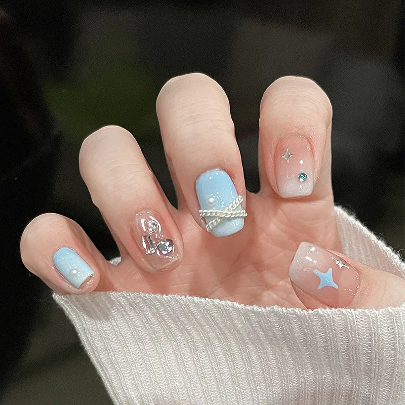 24 pièces/ensemble Faux ongles carrés à presser bleu foncé effet œil de chat, motif étoile, style Spicy Girls, pour nail art