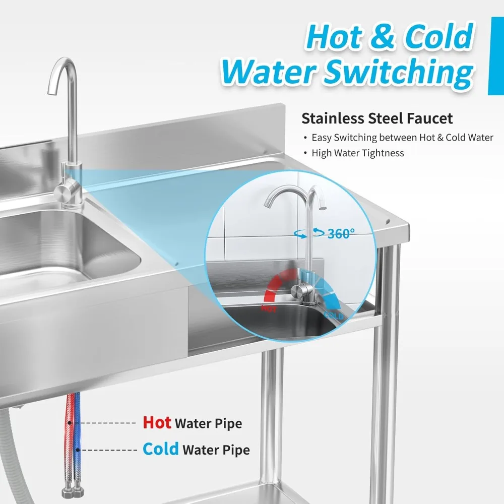حوض أدوات قائم بذاته من مادة البولي بروبيلين مع استنزاف وصنبور، أبيض، مقاس واحد، مثالي للاستخدام المنزلي والتجاري