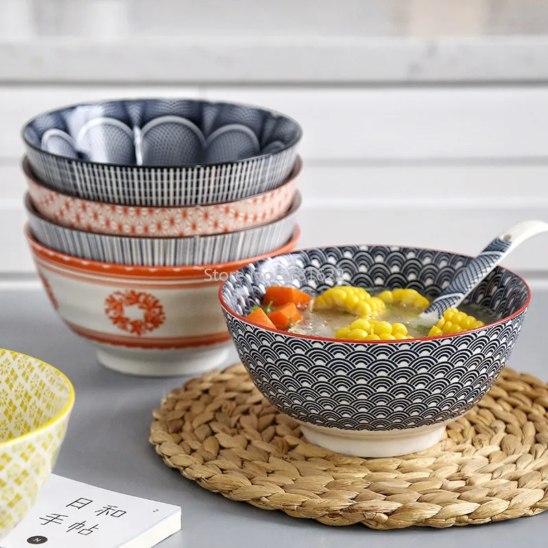 4.5/8 Inch Japanese Large Soup Under Glaze Color Simple Ceramic Rice  Household Soup  Tableware Ramen Noodles