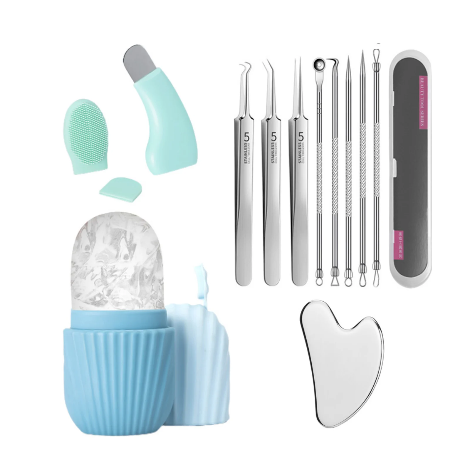 Gezichtsverzorging schoonheidsset, oogijsroller, puistjespincet, mee-eterschraper, combinatieset, gezichtsreiniging en huidverzorgingstool