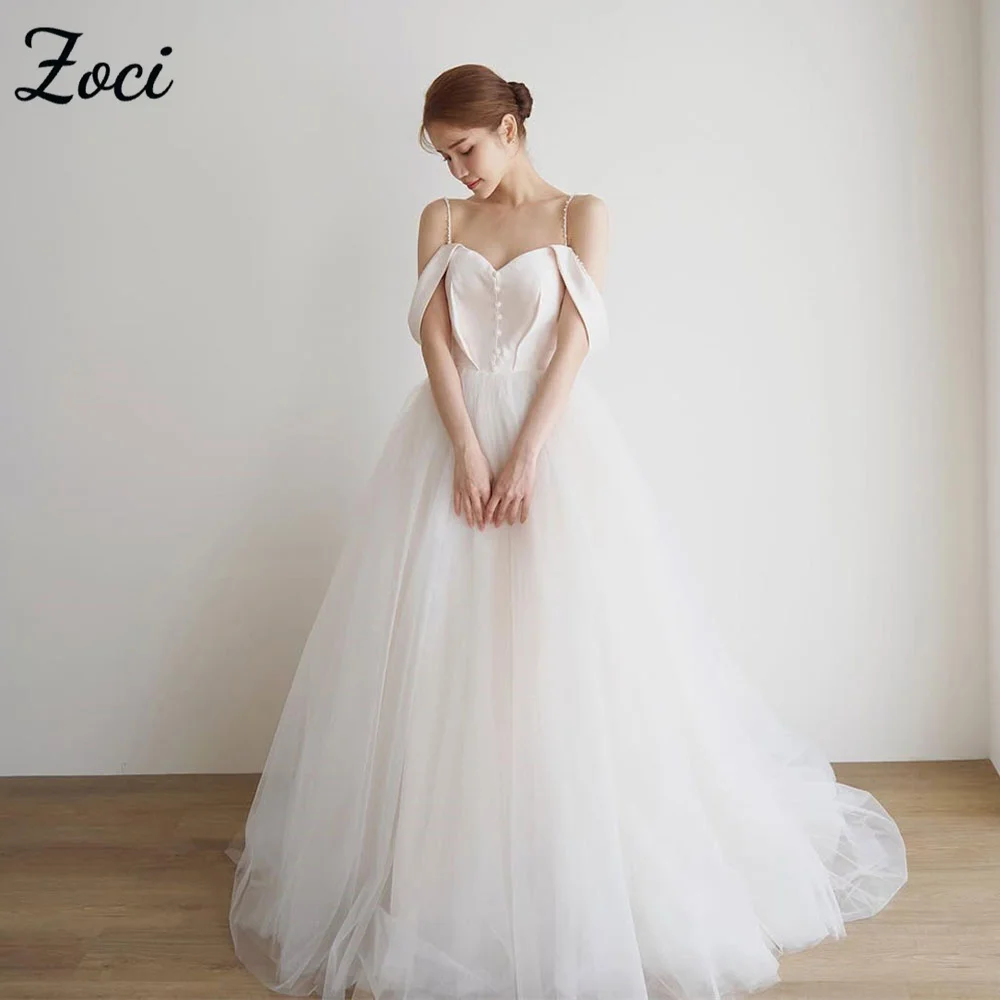 

Zoci Elegant Off Shoulder Korea Wedding Dresses Spaghetti Straps Photos Shoot Dress Customized Sweetheart Corset Bride Gowns