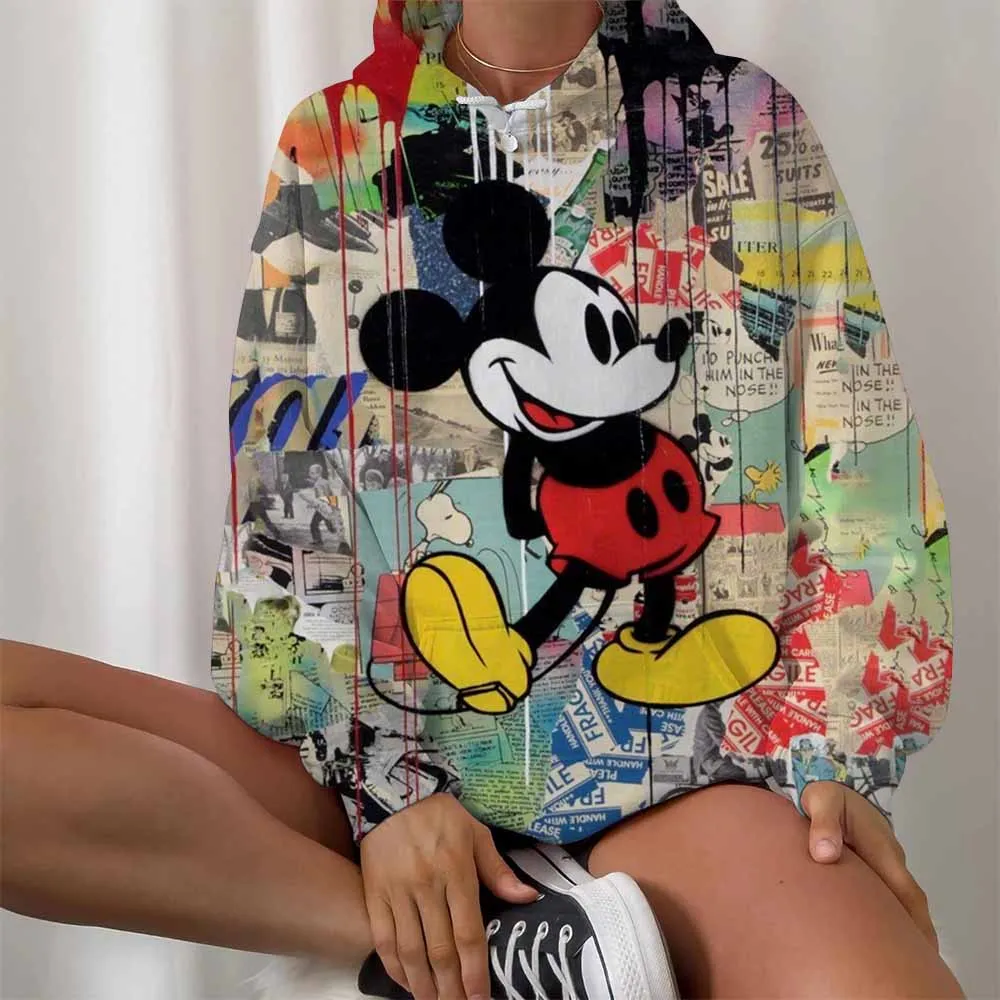 Disney-Moletom feminino com capuz Minnie Mickey Mouse estampado manga comprida, capuz feminino, tops Harajuku casuais, roupas de