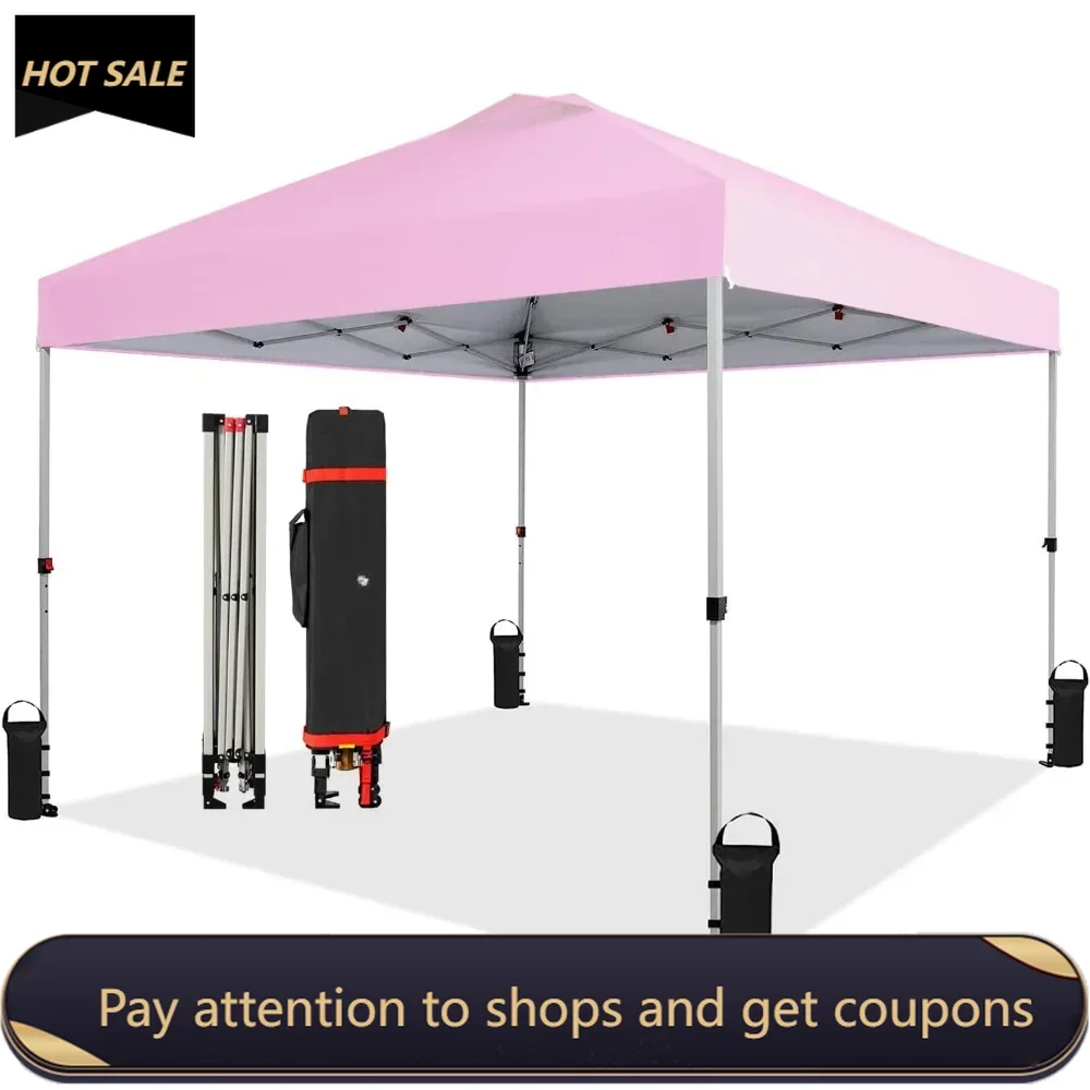 

10x10 Pop Up Canopy - Beach Tent with One Push Setup - Camping - Gazebo with Cover Bag, Silver Coated Top, Pink Freight free