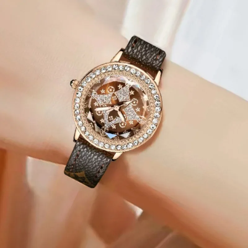 Lucky Star-Montre à quartz étanche pour femme, diamant exquis, horloge de luxe pour femme, bracelets en cuir véritable, 3 barres, mode