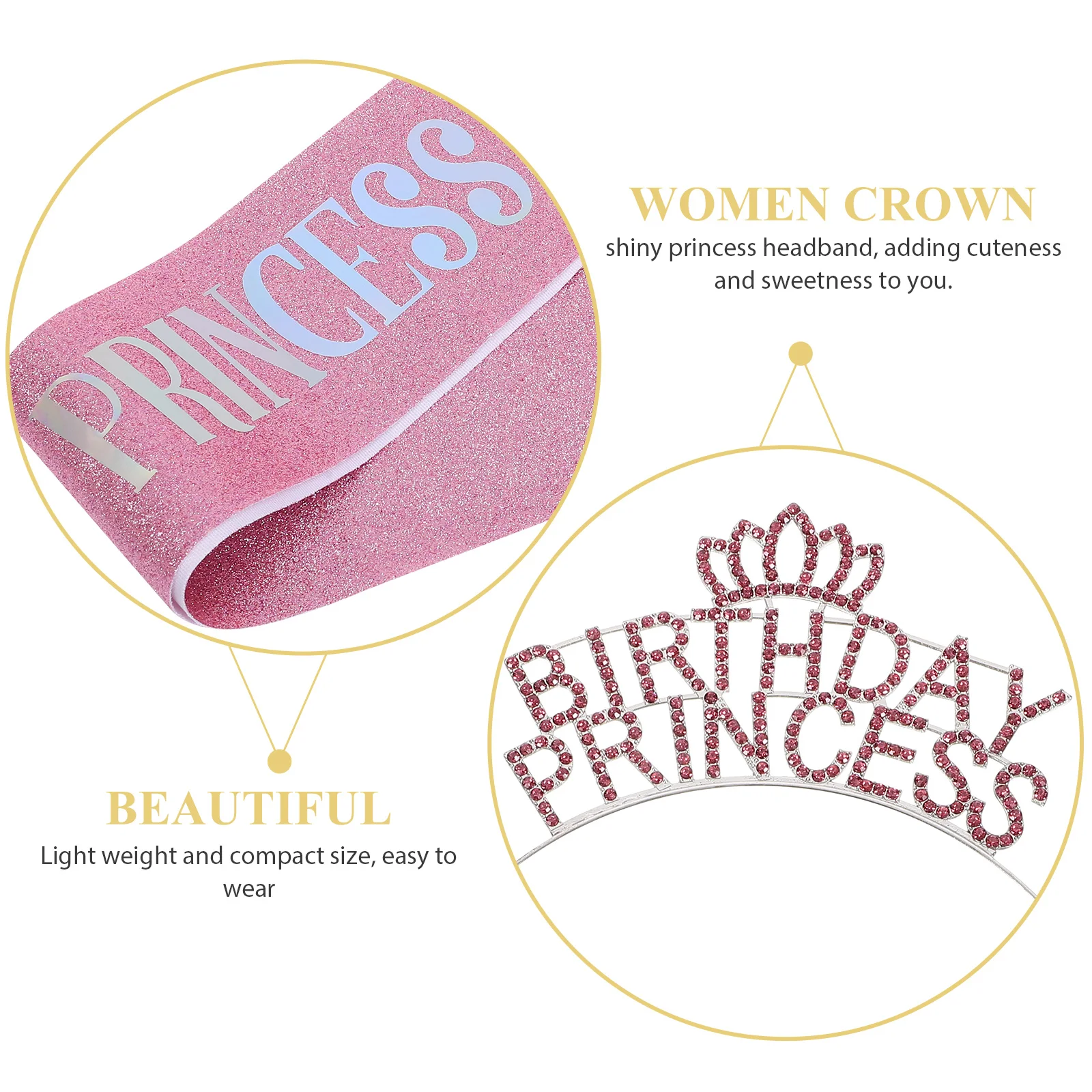 

1 Set Princess Crown Headband Sparkly Rhinestone Birthday Headdress For Women Party Sash Costume Accessories Hairpiece