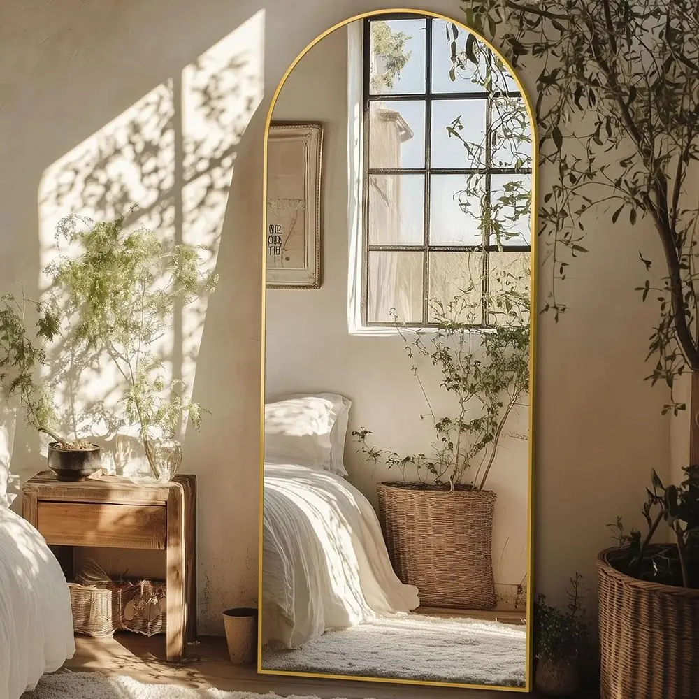 

59x18 Grand Arched Floor Mirror - Elegant Gold Finish for Living or Bedroom