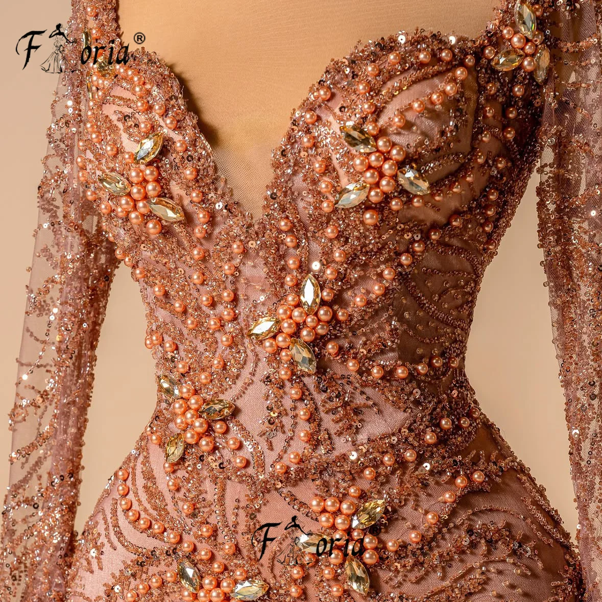 فستان سهرة فاخر بحورية البحر من الدانتيل المطرز باللون البني لؤلؤ شفاف من خلال فساتين لحضور الحفلات الموسيقية رداء حفلات رسمي Vestidos de fiesta فام 2025