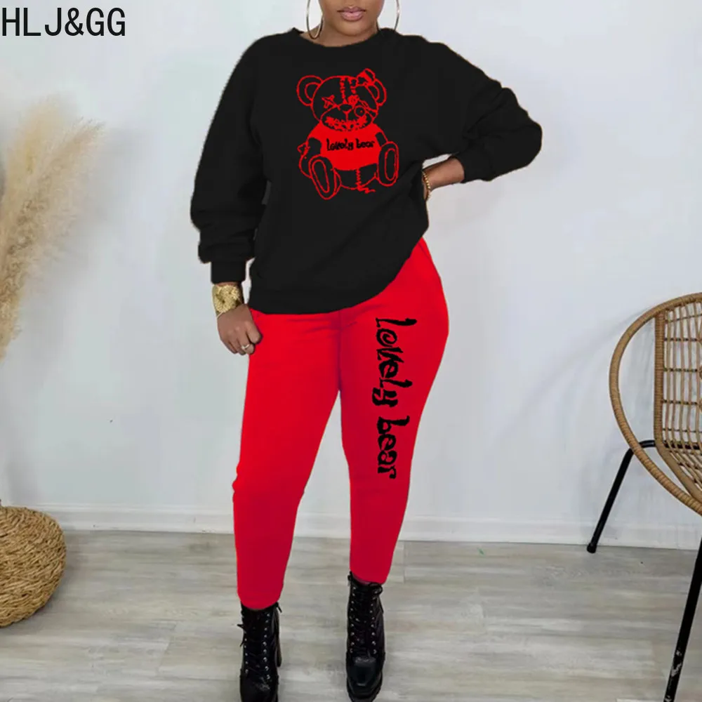 

HLJ&GG Autumn Casual Pattern Print Two Piece Sets Women Round Neck Long Sleeve Pullover + Jogger Pants Tracksuits Female Outfits