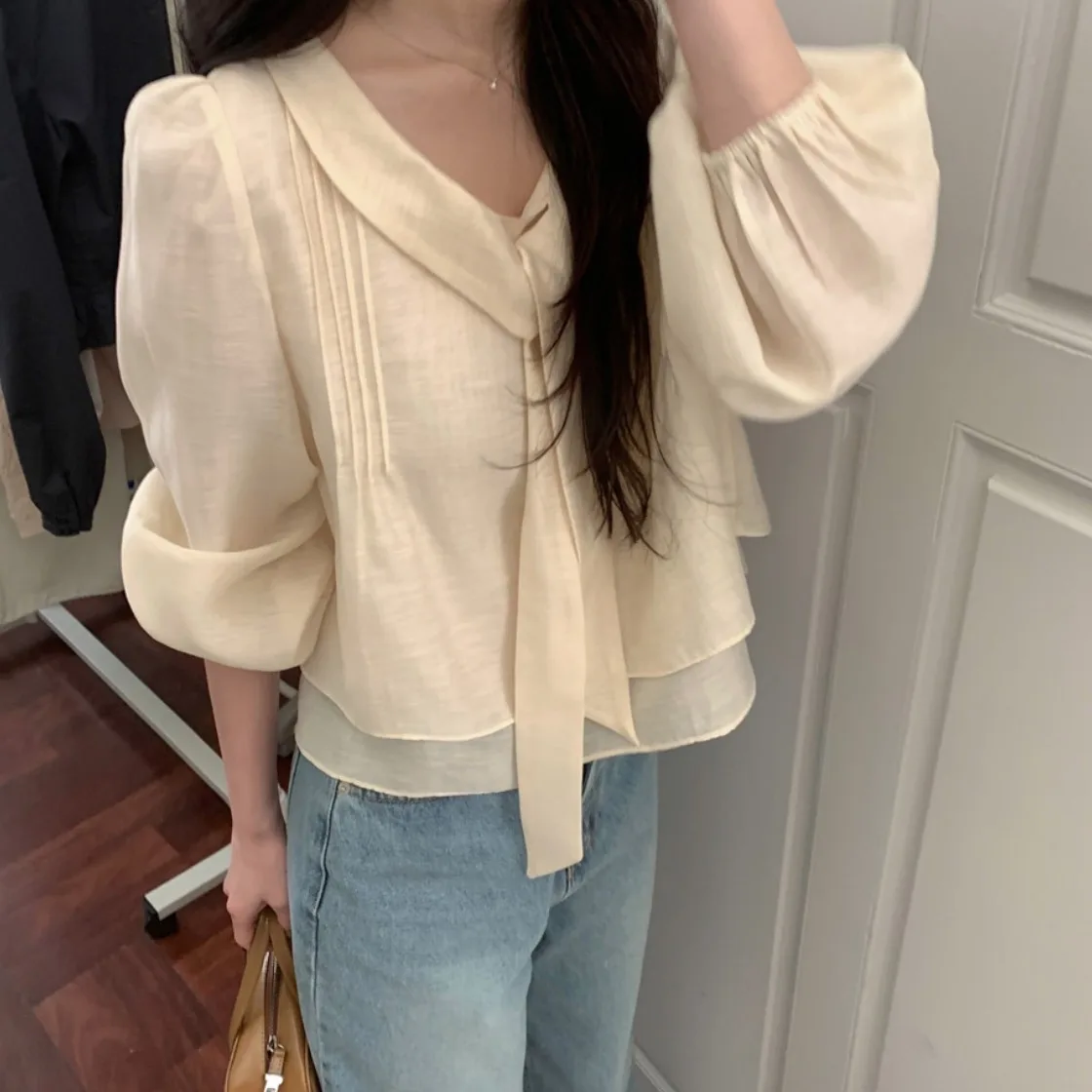 Korean Style Chic Spring New Bow Tie Versatile Women's Shirt Loose Fit Short Sleeve Lace Snowflake Fabric Premium Quality