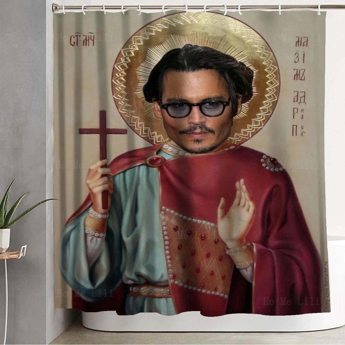 Johnny Depp Celebrities Portraits Imitation Jesus Christ With A Cross In His Hand Polyester Fabric Shower Curtain