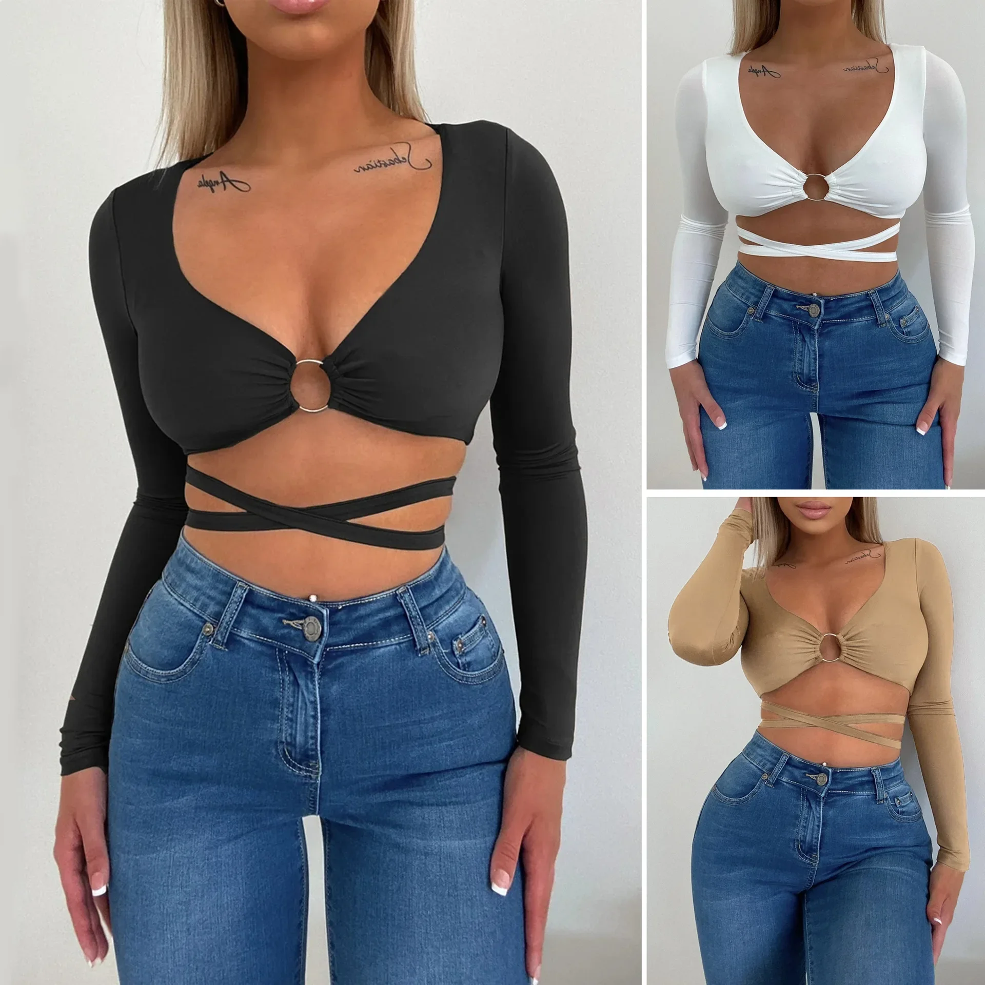 

Sexy V Neck Hollow Out Slim Cropped T-shirts Summer Women Long Sleeve Metal Ring Bandage Tee Tops
