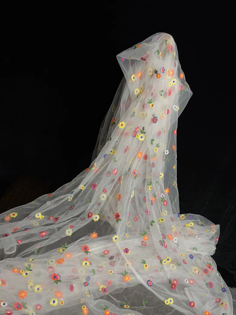 

1 ярд, мягкая сетчатая ткань с красочной цветочной вышивкой для одежды, юбок, ткани для домашнего декора