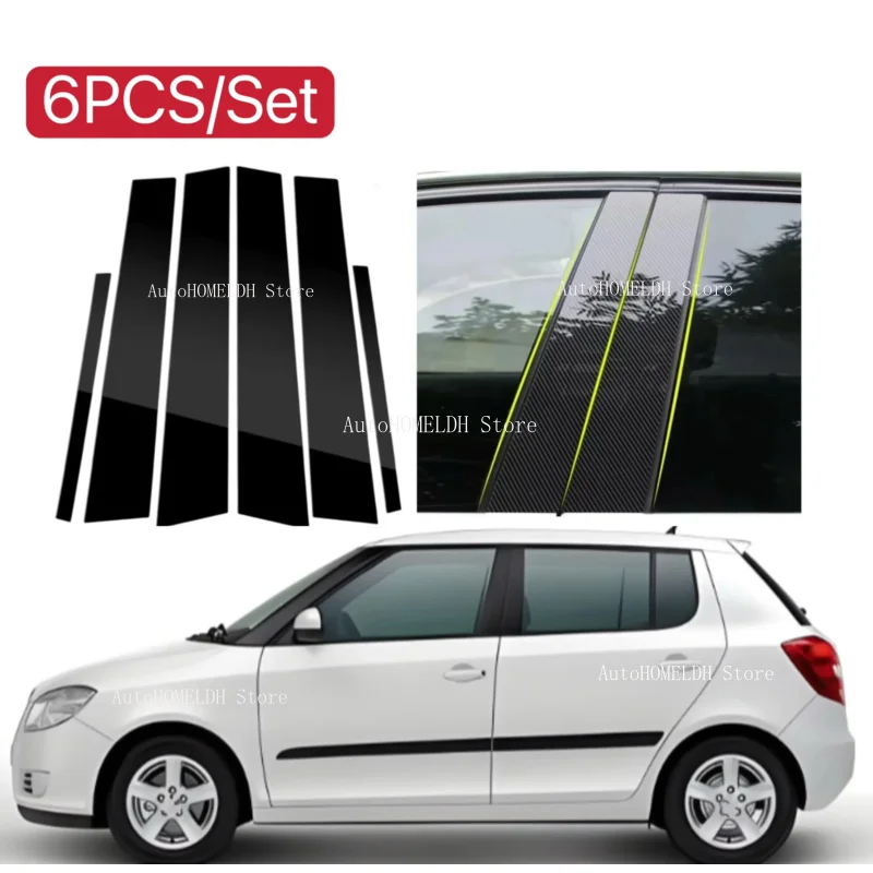 

6PCS Silver Carbon Glossy Black Pillar Posts Fit For Skoda Fabia 2007-2011 2012 2013 2014 Window Door Column B C Sticker Cover