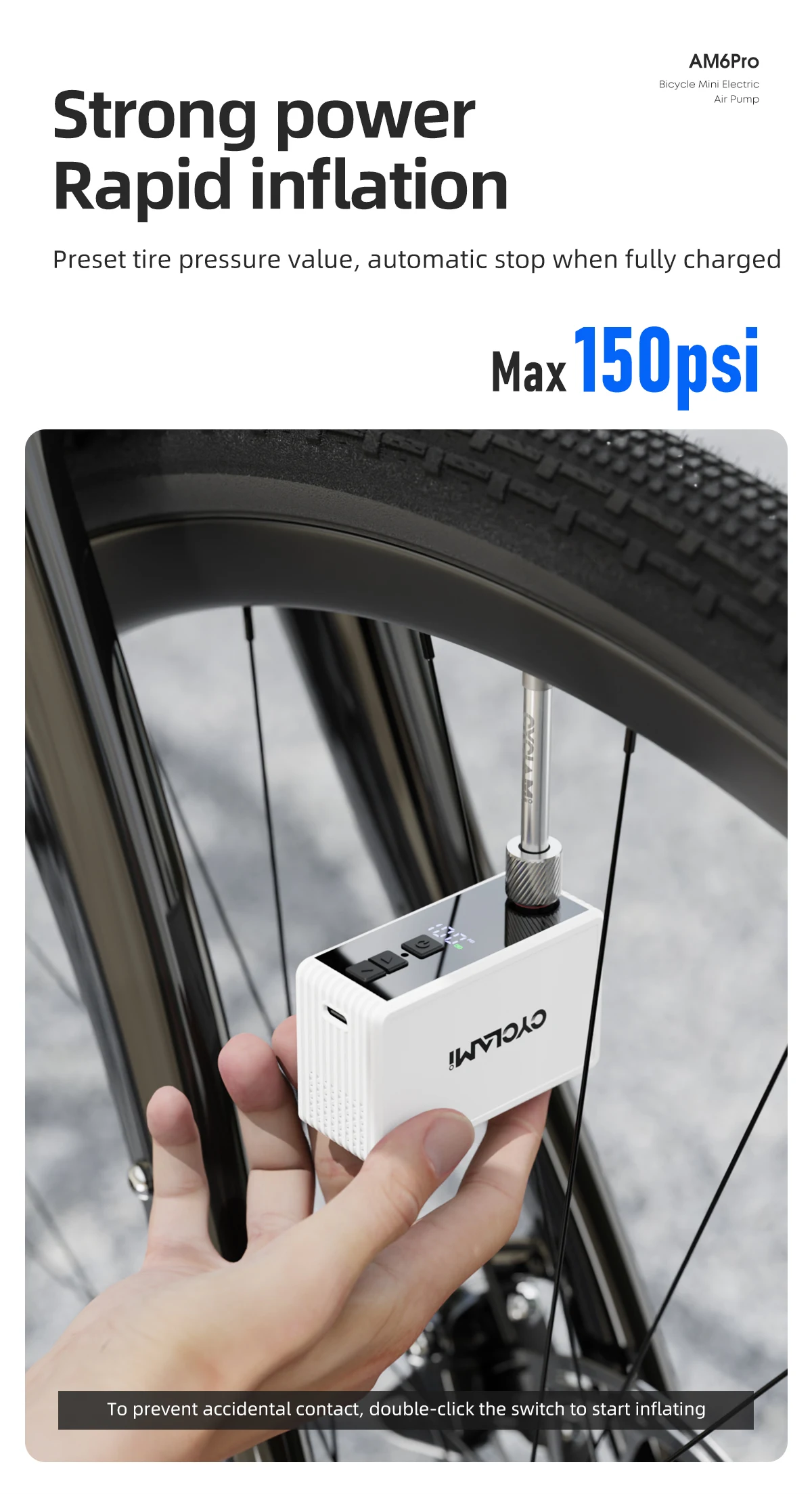CYCLAMI AM6 PRO Reifenfüller 150PSI Elektrische Digitale Tragbare Luftpumpe Kompressor Wiederaufladbar für Schrader- und Presta-Ventile – Detail 4