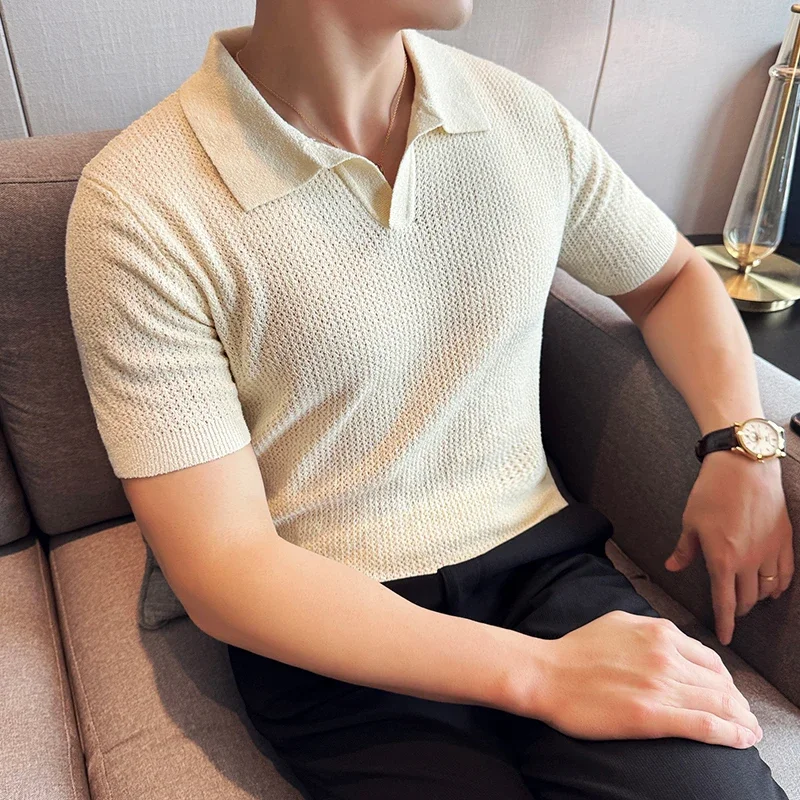 Men Knitted Polo Shirt 2024 Summer Light and Thin Solid Color Casual Elastic Slim Fit Short Sleeved V-neck T-shirt Men Clothing