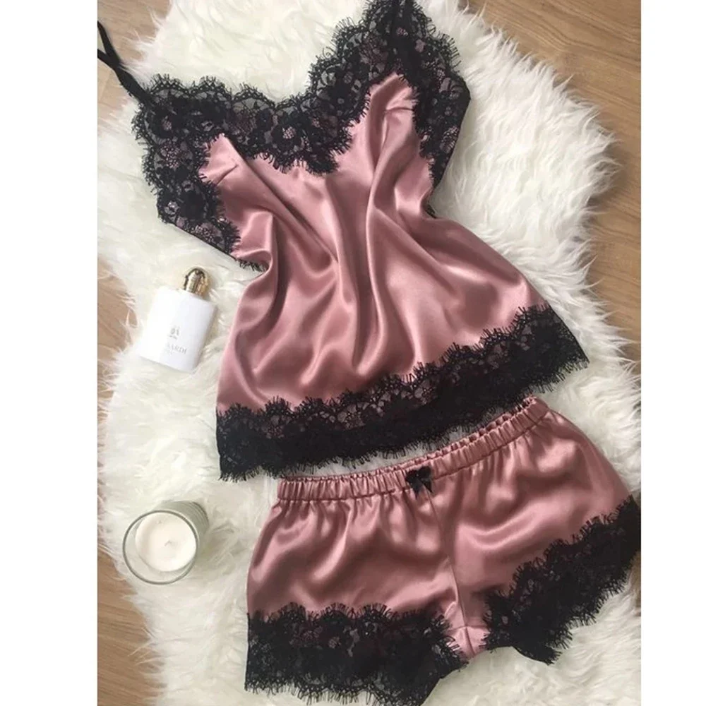 Women Pajama Suit Fashion V-Neck Stretch Satin Babydoll Lace Lingerie Bowknot Pyjamas Sleep Shorts Set Sleepwear New