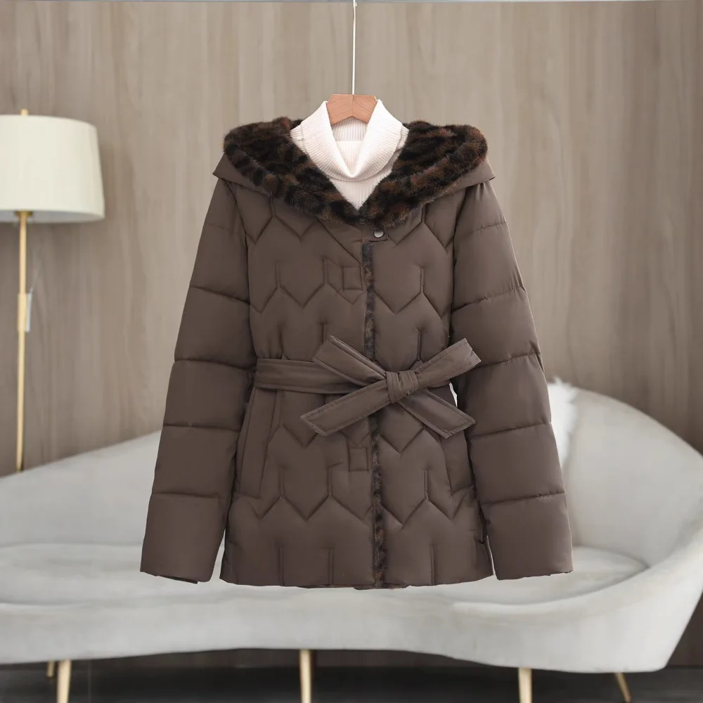 

New Hooded Cotton Coat with Belt Women's Winter Chic Leopard Print Fur Collar Thick Warm Jacket Lady Temperament Parkas Overcoat