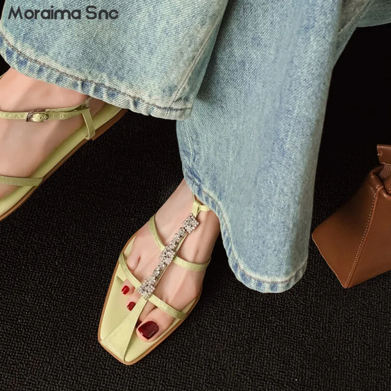 

Rhinestone T-Shaped Sardine Sandals Summer Square Toe Thin Strap Flat Bottom Fashion Sandals Temperament Vacation Women's Shoes