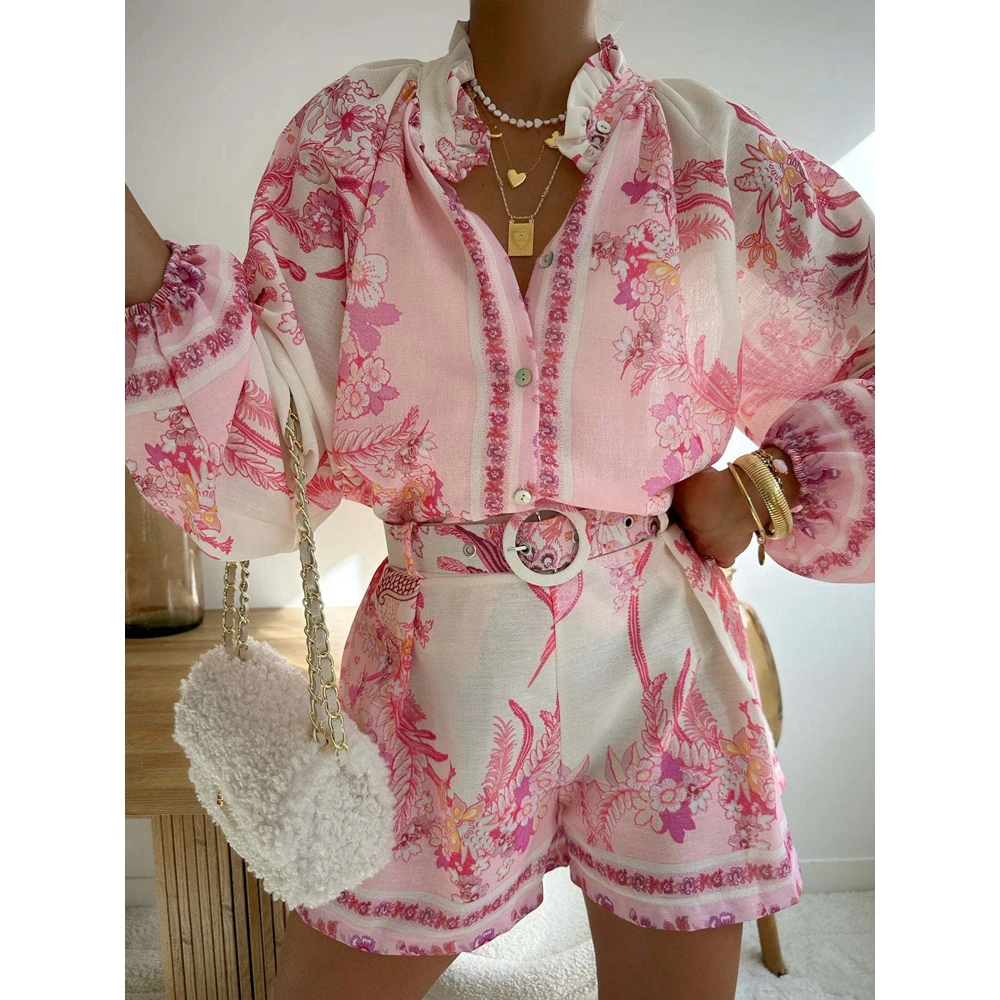 Elegante verão conjunto de duas peças feminino floral impressão camisa de manga longa topo e shorts de cintura alta conjunto das mulheres conjuntos de duas peças