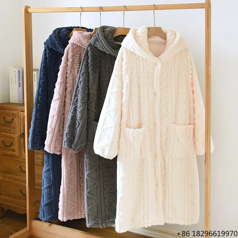 Thickened Winter Long Plush Robes Warm Soft Hooded Nightgown Unisex